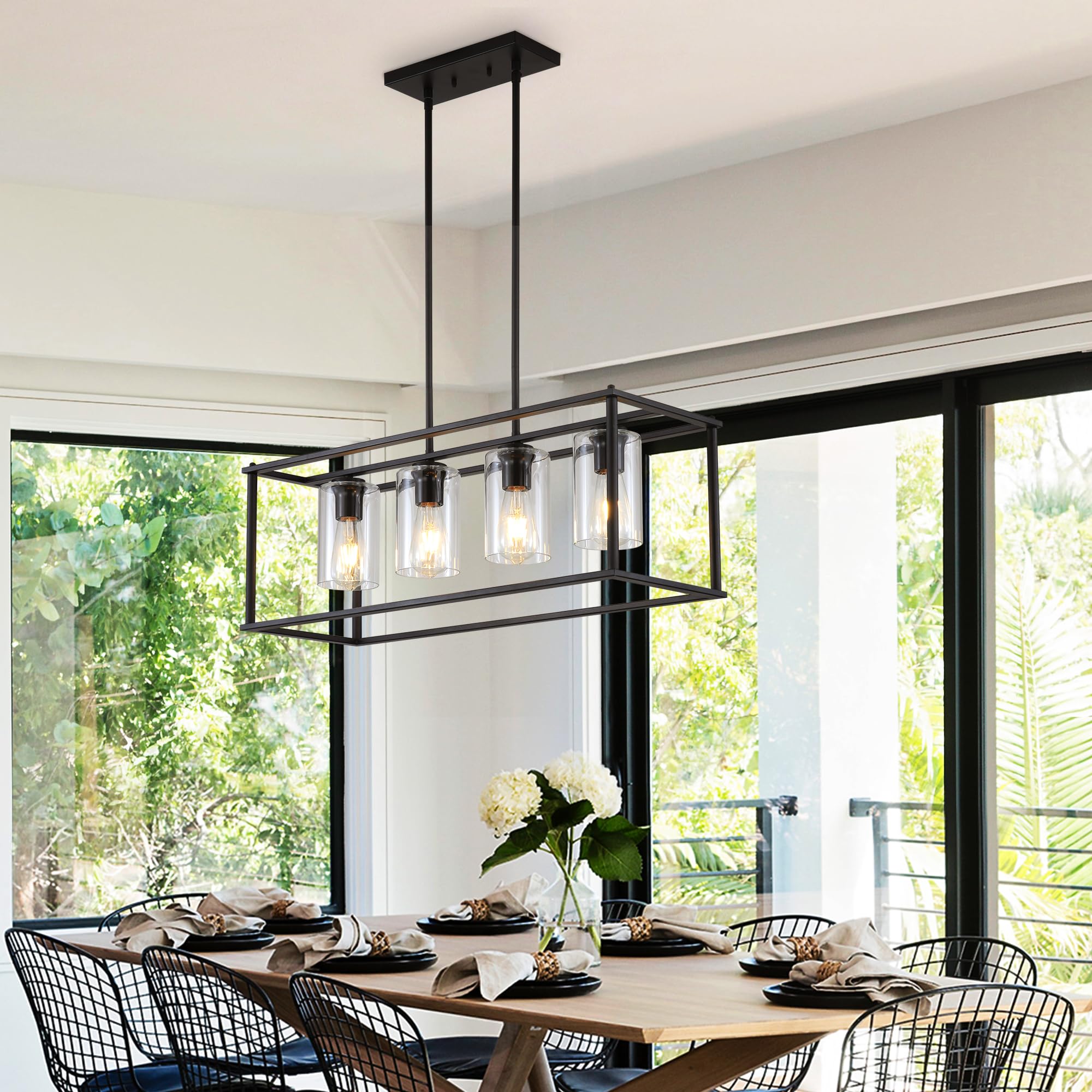 Black Farmhouse Chandeliers for Dining Room, Rustic 4-Light